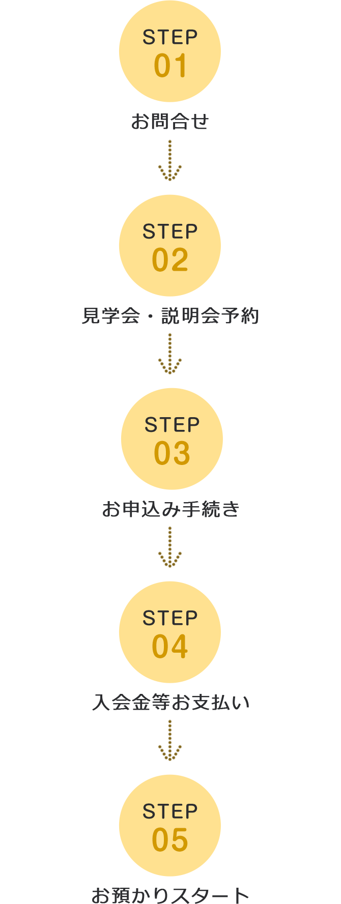 お問合せ→見学会・説明会予約→お申込み手続き→入会金お支払い→お預かりスタート